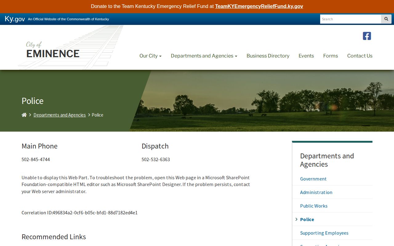 Eminence Police Department official arrest record contact page