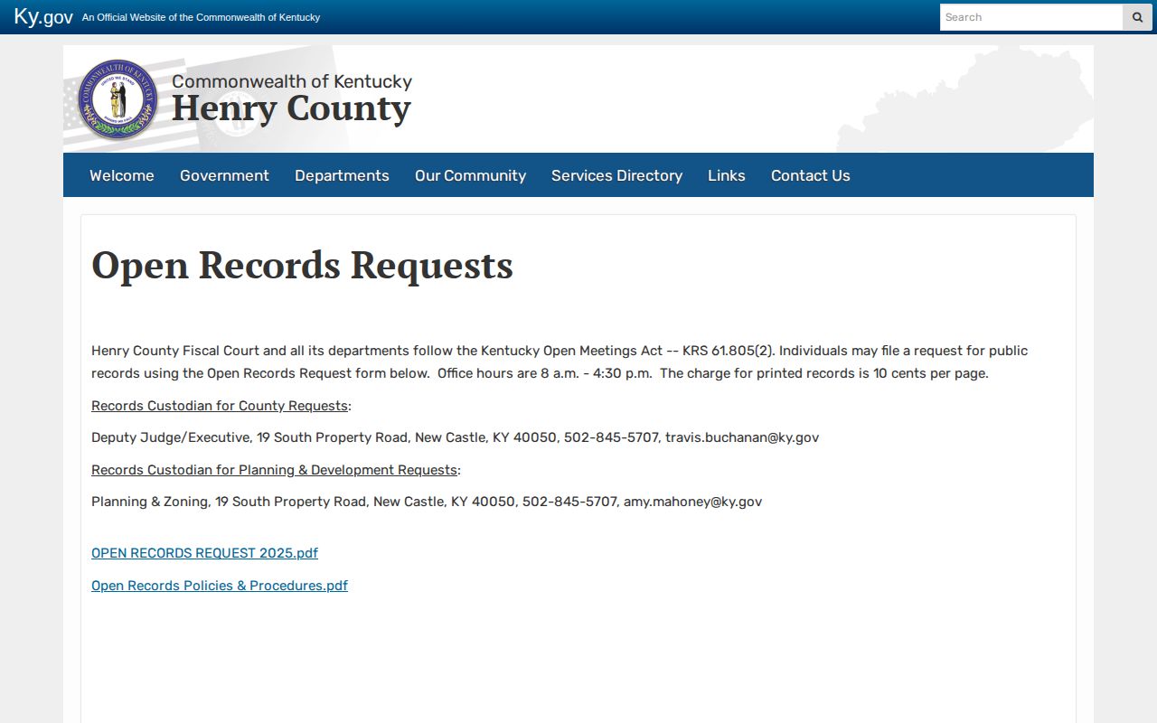 Henry County booking records request page